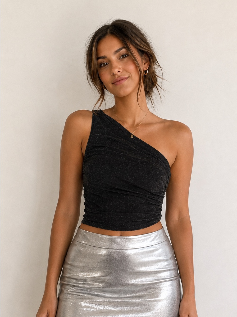 One-Shoulder Black Sparkle Ruched Crop Top by
